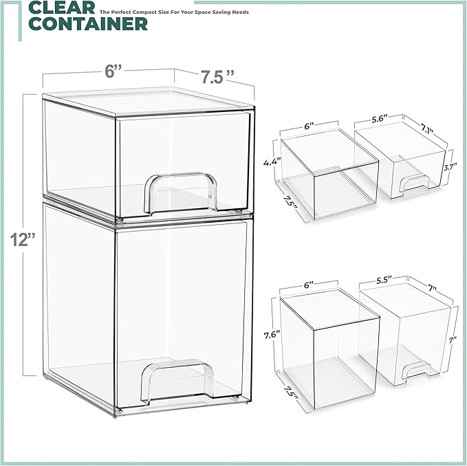 Sorbus Stackable Acrylic Storage Drawers, 2 Pack Clear Plastic Organizer Bins for Baby Bottles, Makeup, Bathroom, Vanity & Countertop Organization, Pull-Out Drawer Design for Cabinets & Pantry