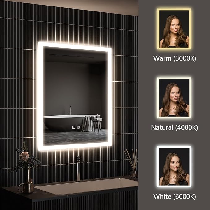 APRILSOUL 20x28 Inch LED Mirror for Bathroom, Led Vanity Mirror with Front and Backlit, 3 Color Lights, Memory Function, Anti-Fog and Dimmable Light (Horizontal/Vertical)
