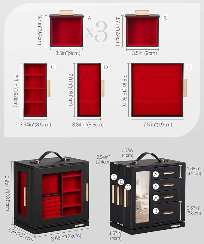 Homde Valentine's Day Gifts Jewelry Box 360° Rotating, Necklace Earring Organizer with Transparent Window, Mirror, 7 Drawers, Large Ring Display Storage Case for Girls Women (Black + Red)