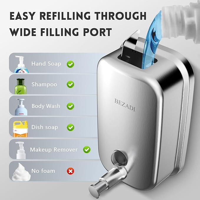 Commercial Soap Dispenser Stainless Steel Wall Mount for Bathroom and Kitchen with Premium Anti-Leak Pump and Corrosion-Proof Lining, 800ML 8182