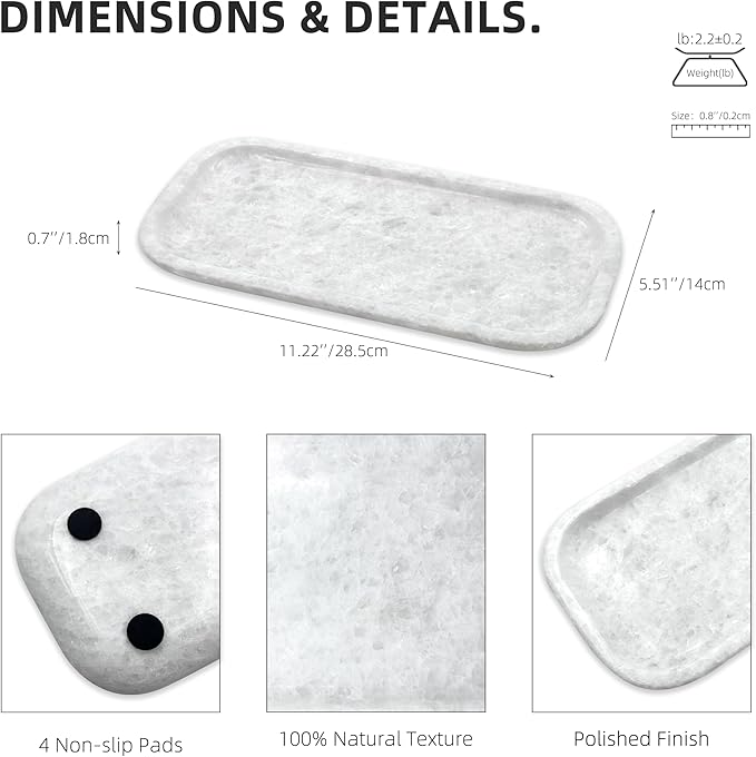 Marmor 100% Natural Marble Bathroom Tray for Perfume, Candles, Jewelry Stone Vanity, Bathroom & Kitchen Counter Organizer and Home Decor (Small White Crystal Tray)
