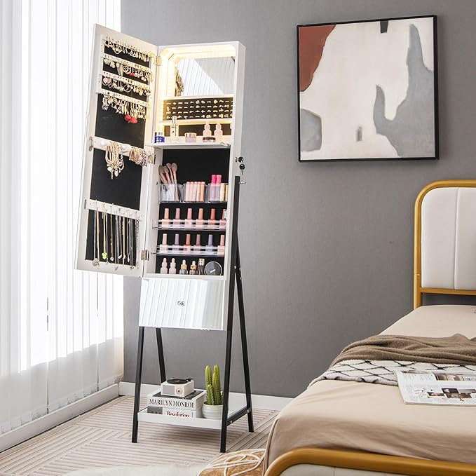 CHARMAID Jewelry Cabinet Armoire with Full Length Mirror, 3-Color Light Strips, Mirrored Tilt out Drawer, Lockable Standing Jewelry Organizer with Storage Shelves, Metal Stand (White)