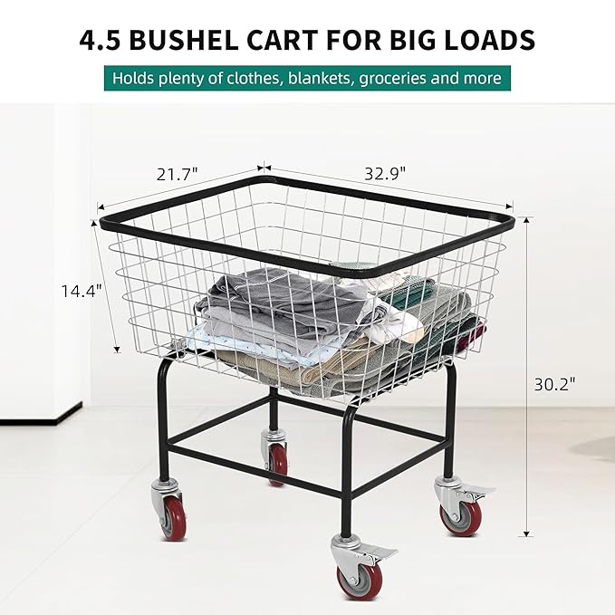 Extra-Large Rolling Laundry Cart with Wheels Holds 4 Washer Loads, Wire Laundry Basket, Heavy-Duty Steel Storage Basket with Galvanized Finish, for Commercial or Home Laundry
