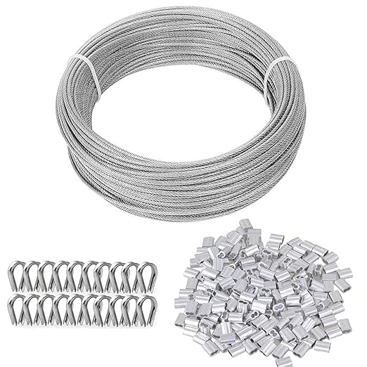 TooTaci 1/8 Wire Rope Kit, 100ft Vinyl Coated Stainless Steel Cable with 50pcs Crimping Sleeves and 20pcs Thimbles, 7x7 Strand Core Metal Cable for String Light, Shade Sail, Clothesline, Curtain