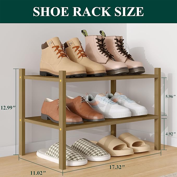 Smiry Small Bamboo Shoe Rack 2-Tier, Stackable Wooden Shoe Organizer for Entryway & Closet, Free Standing Wood Shoe Storage Shelf for Front Door & Small Spaces, Brown