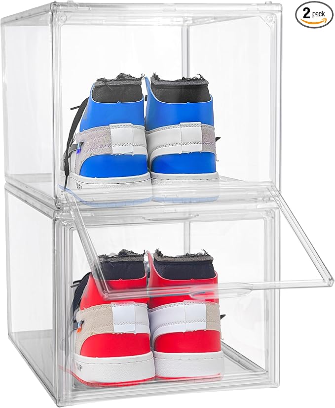 2 Pack Drop Front Shoe Boxes Fit US Size 13, Acrylic Shoe Organizer Clear Stackable Sneaker Sotrage Box for Entryway, Home, Underbed, Multiple Display Cases for Cosmetic, Hats, Figures, Sneakers