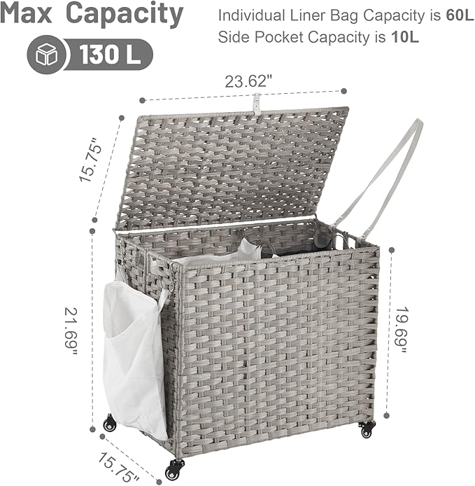 Laundry Hamper with Wheels, 34.3 Gallon(130L) Rolling Laundry Basket with Lid, Removable Large 2 Color Liners & 3 Mesh Laundry Bags, Clothes Hamper with Side Pocket, Grey