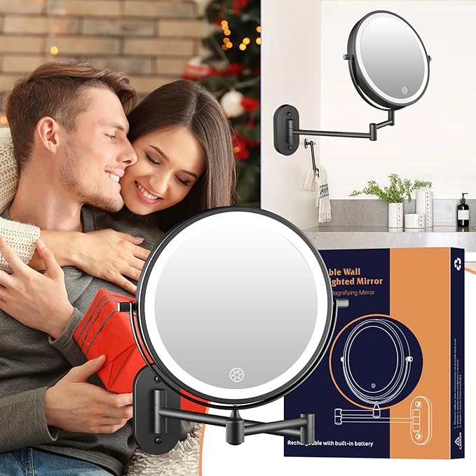 FUNTOUCH Rechargeable Wall Mounted Lighted Makeup Vanity Mirror 8 Inch Double Sided 1X 30X Magnifying Bathroom Mirror, 3 Color Lighting, Touch Dimming, Extended Arm 360 Rotation Light up Mirror Black