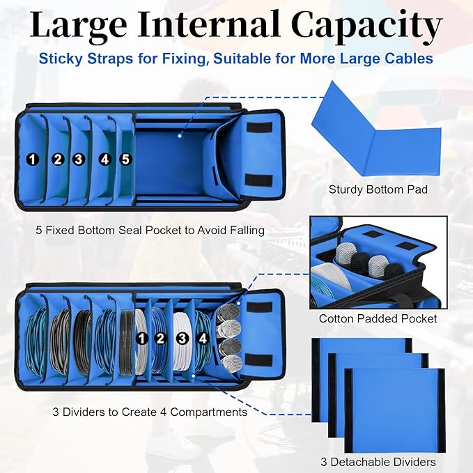 Large Dj Cable Bag with Laptop and Microphone Pocket, Dj Bag for Equipment and Music Accessories with Detachable Dividers, Bottom Pad, Dj Gig Bags for Musicians, Professional, Travel, Blue