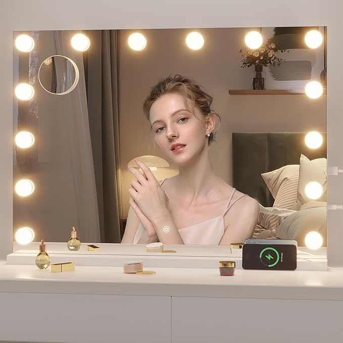 Hasipu Hollywood Vanity Mirror with Lights, 32" x 22" Makeup Mirror with 15 Dimmable LED Bulbs 3 Color Modes & Detachable, 5X Magnifying Glass, Touch Control, USB and Type-C, Tempered Glass