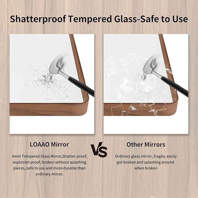 LOAAO 55X36 Inch Bathroom Mirror with Wood Grain Colored Metal Frame, Rounded Rectangle Metal Framed Bathroom Mirror, Anti-Rust, Hangs Horizontally or Vertically, Tempered Glass