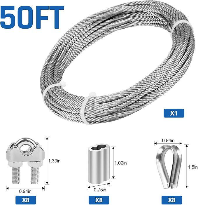 BLIKA 50FT 304 Stainless Steel Cable, Stainless Steel Decking Railing 3/16 inch with 7 x 19 Strand Construction, 3700lbs Breaking Strength Marine Grade for Rail, Deck, Clothesline and DIY Balustrade