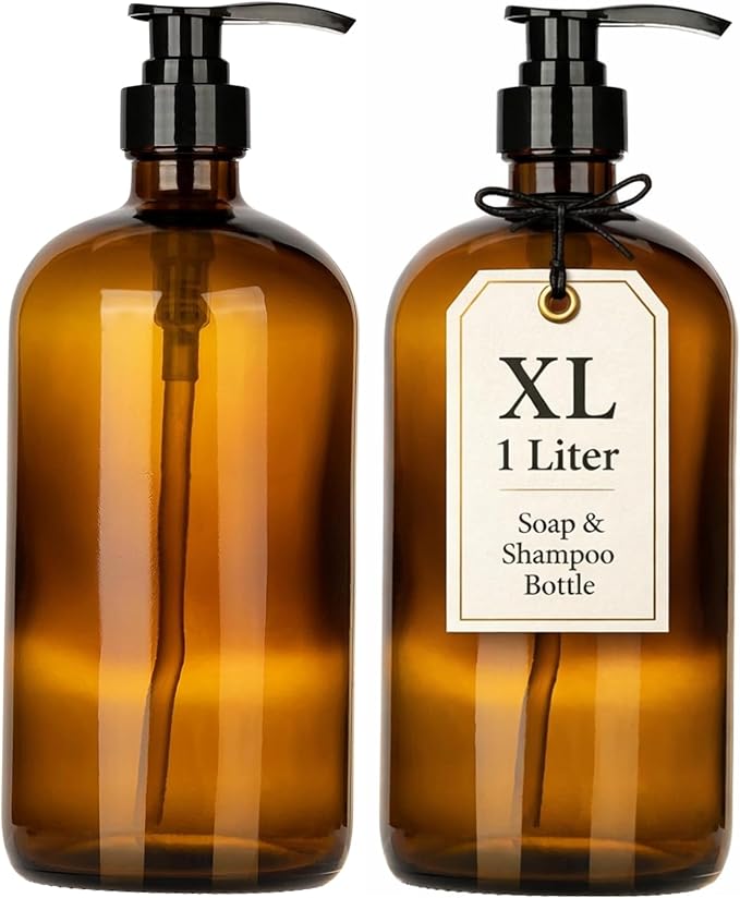 32 Ounce Glass Pump Dispenser Bottle, Large Amber Container with Pump for Shower and Bath Shampoo Soap Conditioner Lotion - 1 Liter Shower Bottles- by Kitchentoolz