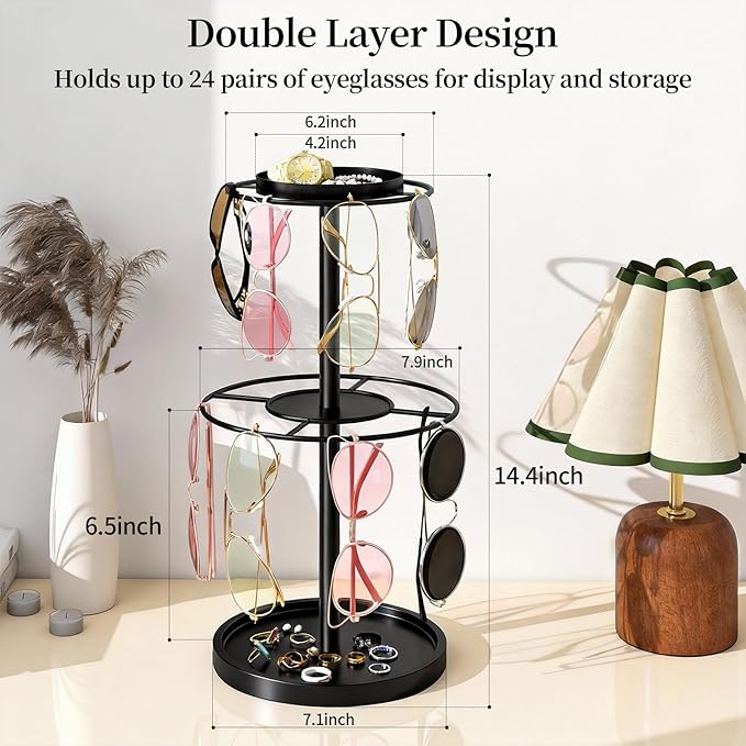 LSK 2 Tier Metal Sunglasses Organzier, Glasses Holder Stand with Storage Trays, Sunglasses Organizer Storage with Anti-Slip Pads for Tabletop, Desk, Dresser, Black
