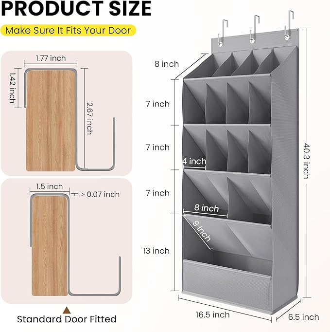 Over the Door Shoe Rack with Large Deep Pockets, Door Shoes Organizer for Closet, Hanging Boots Shoe Rack, Behind the Door Narrow Shoe Holder, Multiple Pockets for Flexible Storage, Grey ﻿
