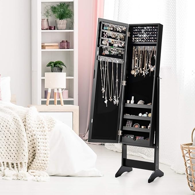 GOFLAME Jewelry Cabinet, Jewelry Organizer with Full Length Mirror Door, Standing Makeup Mirror Cabinet, Freestanding Jewelry Organizer with Large Storage Capacity (Black)