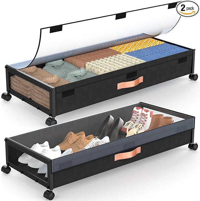 Under Bed Storage with Wheels,2-Pack Under Bed Storage Containers with Clear Lids, XXL 70L Under the bed storage Organizer Bins,Rolling Under Bed Metal Drawer for Clothes,Shoes (36"x16.6"x7.28")