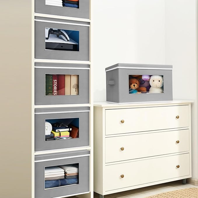 10 Pcs Fabric Storage Bins with Lid 14x10 Inch Stuffed Animal Storage Boxes with Window Handle Collapsible Cube Organizer Basket for Shelves Closet Bedroom Office Clothes Books (Dark Gray)