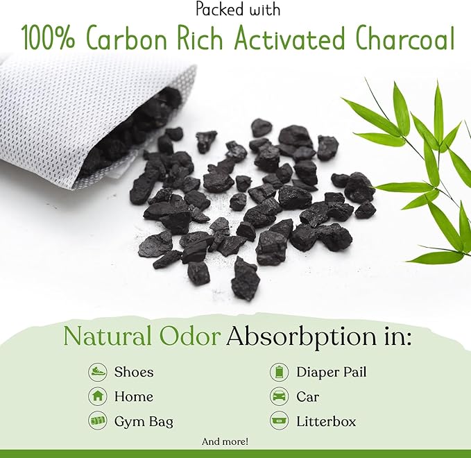 bmbu Charcoal Shoe Deodorizers - Activated Natural Bamboo Air Purifying Bag Insert for Sneakers Oder Eliminator Mini Bags -Absorber/Freshener for Gym Bag,Drawer,Closet,Car,Home, Cat Litter