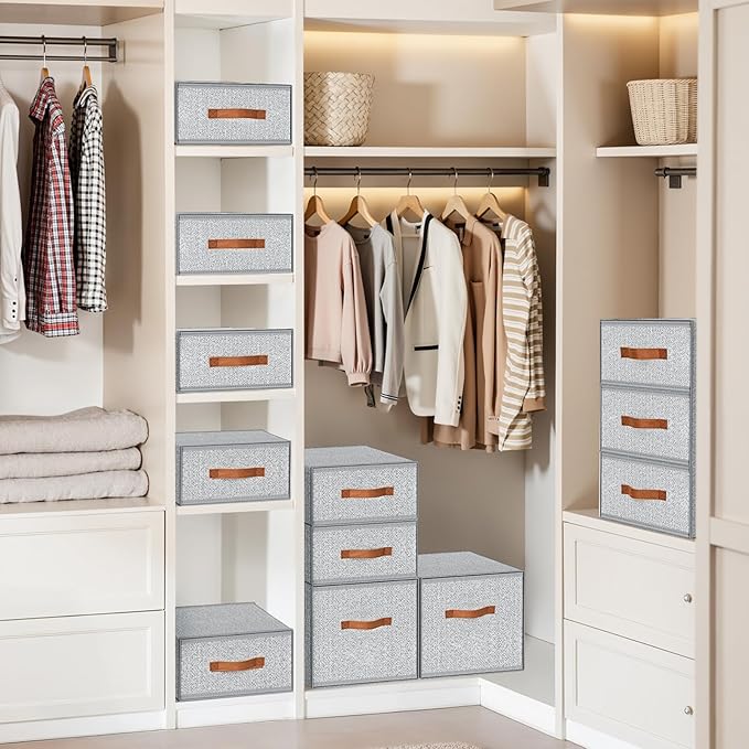 DIMJ Closet Organizers and Storage - Fabric Storage Bins with Drawers Stackable Closet Bins with Labels for Clothes, Sweaters, Bedding, Collapsible Storage Cubes for Bedroom, Living Room, Shelf