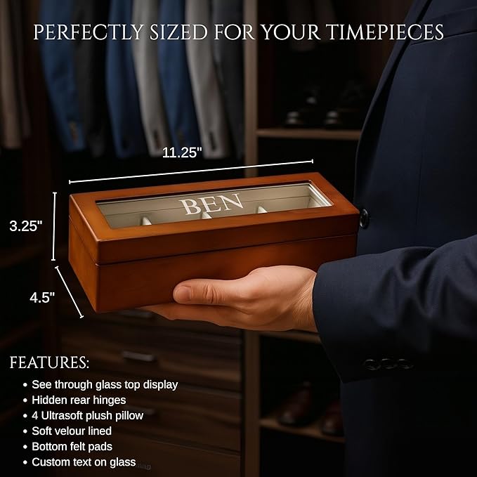 Bey-Berk Personalized Theo Cherry Wood 4-Slot Watch Box, Custom Glass-Top Solid Wood Watch Display Case with Velour-Lined Cushions, 11.25" x 4.5" x 3.25"