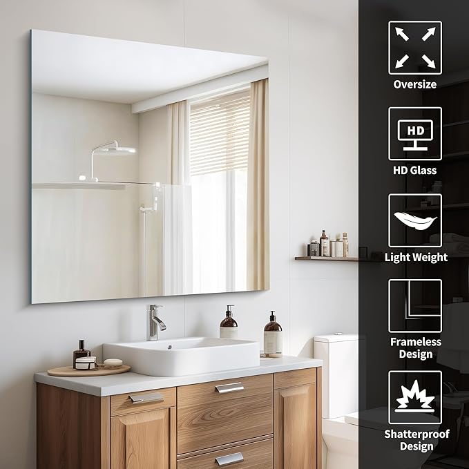 CILIBER Frameless Mirror, 42x42 inch Square Bathroom Mirrors for Wall, Upgraded Shatterproof Vanity Mirror Over Sink with Polished Edge for Bathroom,Bedroom,Living Room and Entryway