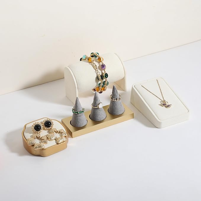 GemeShou grey jewelry ring display holder for selling, velvet ring cone display stand, cute cone shaped ring holder with golden coated base,Small jewelry ring storage organizer【Ring holder-grey】