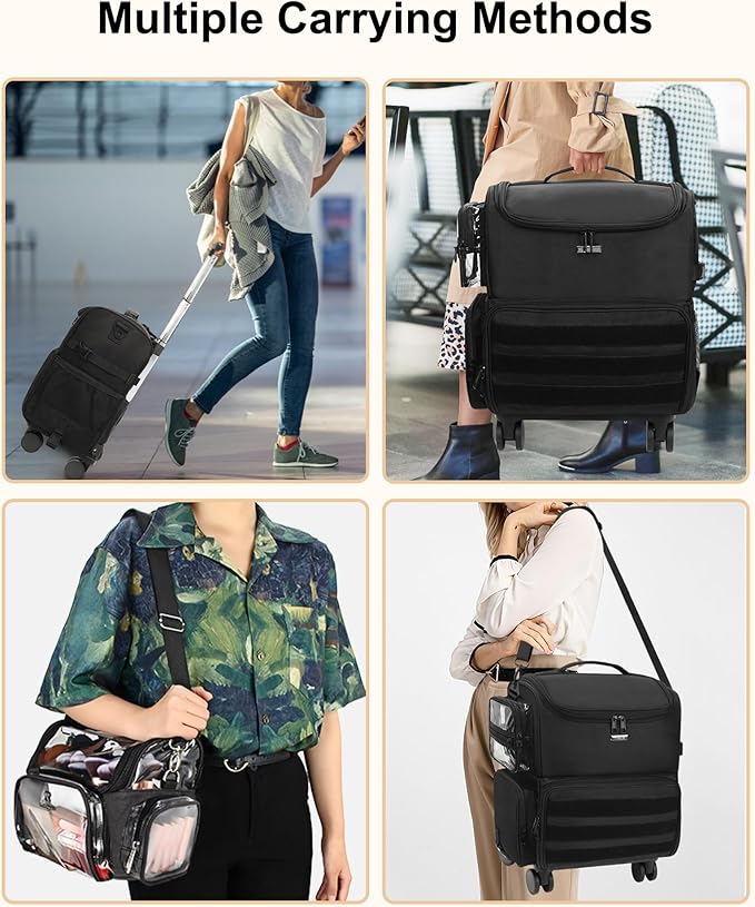 Relavel Rolling Makeup Train Case, Cosmetology Case on Wheels with 4 Clear Bags and Clear Makeup Brush Case, Professional Makeup Artist Set Bags Organizer with 360° Spinner Wheels