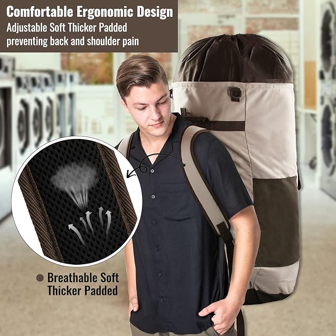 Laundry Bag Backpack, 125L Extra Large Laundry Backpack with Shoulder Straps, Adjustable Extendable Laundry Hamper Bag with 3 Pockets for College, Travel, Camping (Khaki)