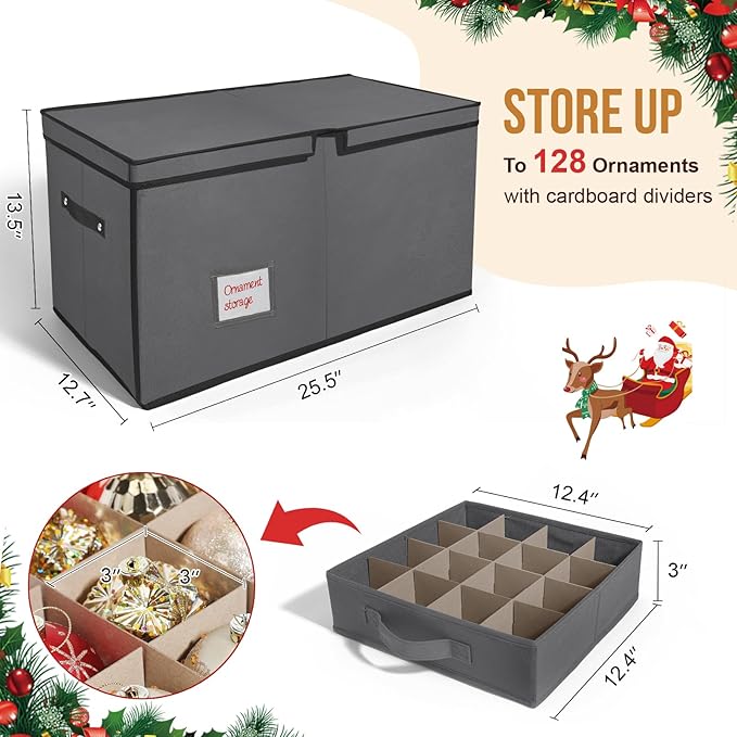 WDZREE Premium Large Christmas Ornament Storage,Box with Side Open, Drawer Style Trays - 3" Compartment, 8 Trays, Keeps 128 Holiday Ornaments -Made of Durable 600D Oxford Fabric Tear-Proof Material