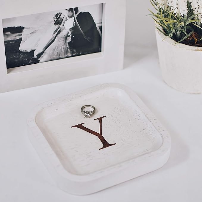 I'm Wooden Personalized Letter Catchall Valet Tray Trinket Dish Jewelry Tray Key Bowl Decorative Plate Organizing Ring Earrings Necklaces Bracelet Watch Coins Wallet Holder (6"x6" Sq White Y)
