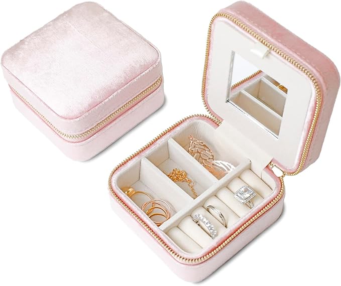 Customizable Compact Velvet Jewelry Box with Mirror, Travel Jewelry Case, Travel Jewelry Organizer, Jewelry Box for Women and Girls, Small Jewelry Organizer (Flower Design, Powder Pink)