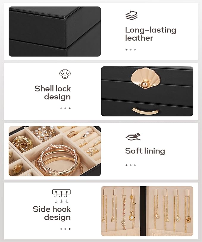 Jewelry Box with 4 Drawers: Display Organizer for Earrings Necklaces - Gifts for Girls Women (Black)