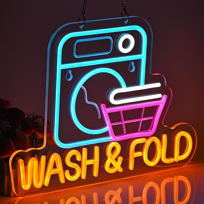 Wash & Fold Neon Sign for Laundry Room Wall Decor LED Light up Sign Business Signage for Home Laundromat Wash Room Decor Gift 16.1" x 11.8" Led Art Wall Hanging Decorative Lights