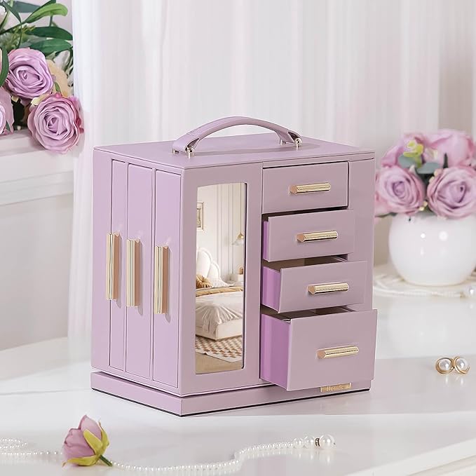 Homde Valentine's Day gifts Jewelry Box 360° Rotating, Necklace Earring Organizer with Transparent Window, Mirror, 7 Drawers, Large Ring Display Storage Case for Girls Women (Grey Purple)