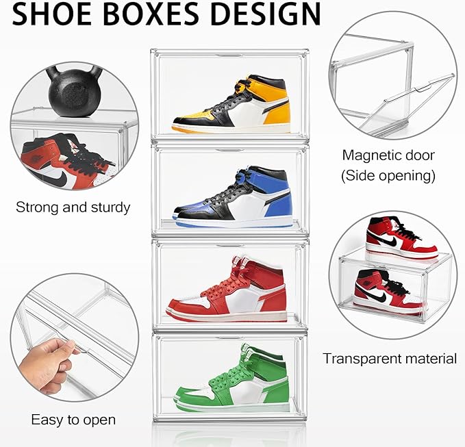 10 Pack Acrylic Shoe Boxes Stackable, Size 12 Clear Shoe Display Cases Plastic Shoe Container Boxes Sneaker Storage Bins