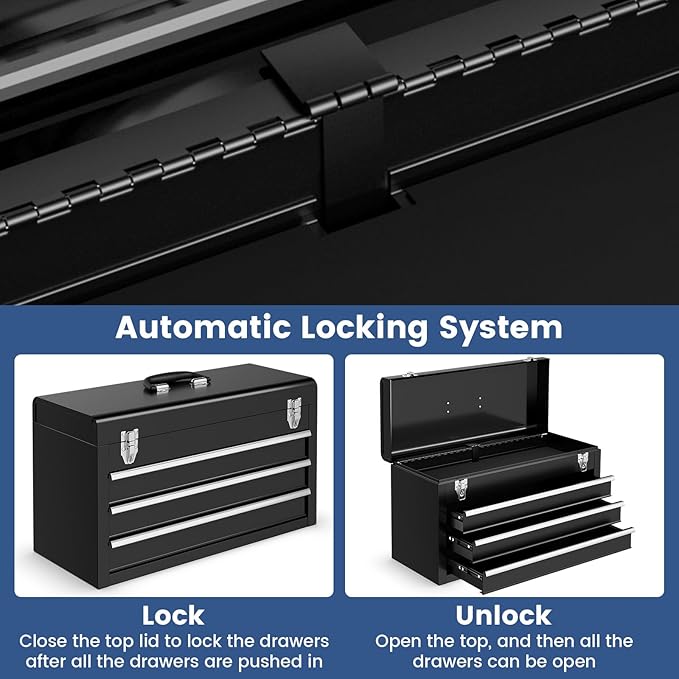 Metal Tool Box, 3-Drawer Tool Box with Carry Handle, 2 Latches & Liner, Portable Tool Chest Storage Box Organizer for Garage, Warehouse & Repair Shop (Black)