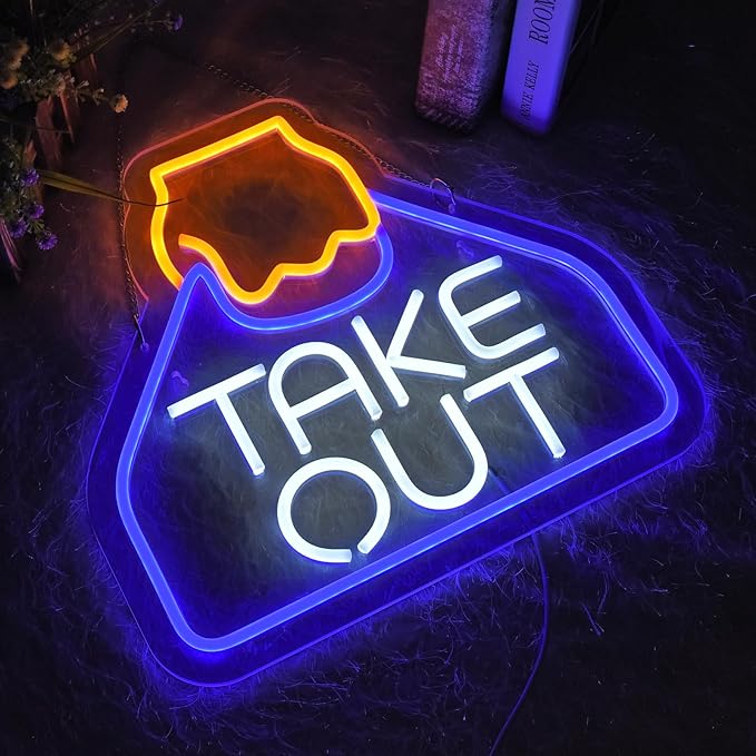 Take Out Neon Sign for Business Carry Out Take Away Led Light up Sign with Dimmable Switch for Restaurants Wall Decor Bar Store Drink Shop Cafe USB Powered 13.8" x 12.6"