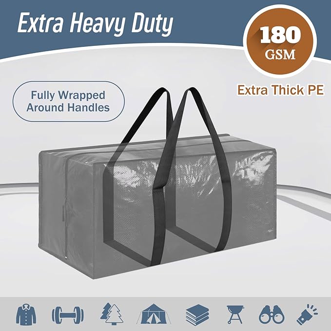 12 Pack Extra Heavy Duty Large Moving Bags with Strong Zipper & Comfortable Handles, Sturdy & Durable Clothes Storage Bags Totes Bins, Packing Moving Boxes for College Supplies, Black