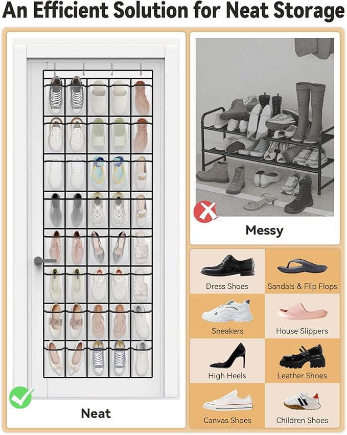 dodowin Over the Door Shoe Organizers, 2 Pack (24 & 40 Pockets) - Hanging Shoe Rack with 4 Metal Hooks, Space Saving Foldable Storage for Closet Door, White