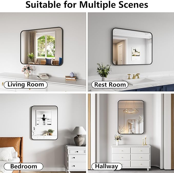 Koonmi Bathroom Mirror, 28X32 Inch Black Metal Framed Mirror for Bathroom, Tempered Glass, Anti-Rust, Rounded Rectangle Mirror for Restroom, Bedroom, Black