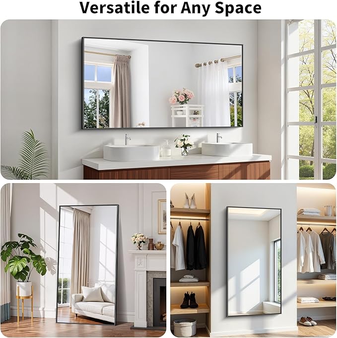 Koonmi Black Framed Bathroom Mirror - Shatterproof 30"x60" Tempered Glass, HD No Distortion, Horizontal/Vertical Mount, Modern Matte Aluminum Alloy Frame