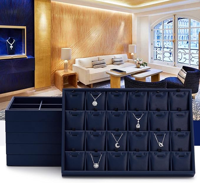 Leather Necklace Tray Jewelry Display Tray 24 Grids Necklace Display Trays Necklace Storage for Drawers With Removable Jewellery Cards Necklace Pendant Tray (Blue