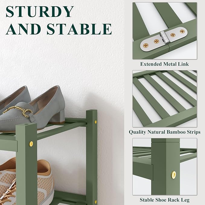 Smiry Bamboo Shoe Rack for Closet, 5 Tier Wooden Stackable Shoe Organizer, Free Standing Shoes Storage Shelf for Entryway, Front Door Entrance, Green