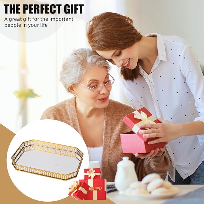 Vintage Gold Mirror Tray, Modern Luxury Perfume Decorative Tray with Hollow Design, Elegant Glass Display Storage Organizer, Rectangle 7.1"x11.4", for Coffee Table, Entryway, Bathroom