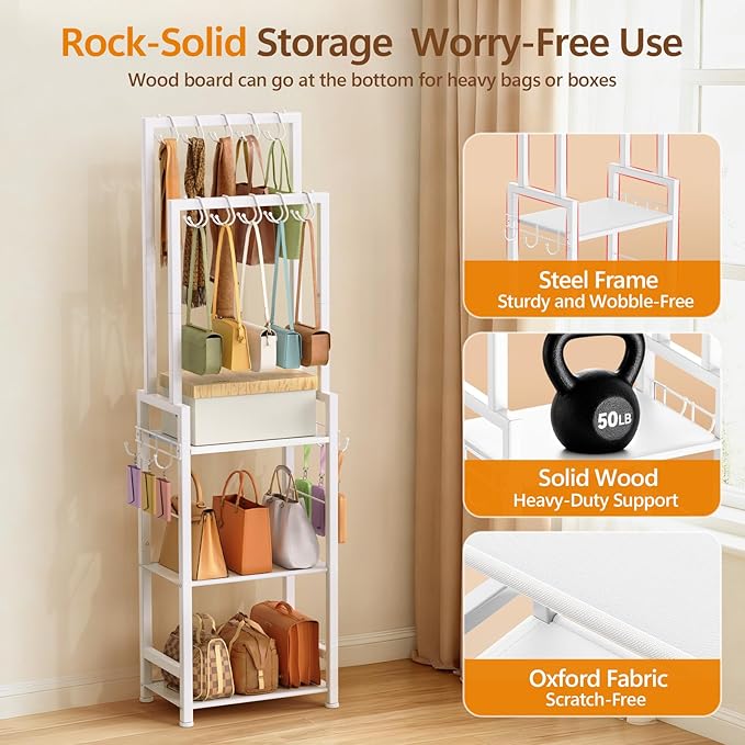 Tall Purse Organizer for Closet with 10 Purse Hanger & 6 Side Hooks,Floor-Standing Purse Rack Stand for Purse Storage,Narrow & High-Capacity Handbag Organizer,Multi-Purpose Purse Shelf for Small Place