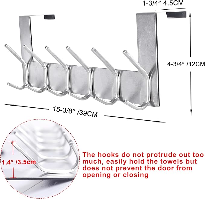 SKOLOO Over The Door Hook - for Doors up to 1-3/4'' Thickness, Silver, No Assembly Required, Stainless Steel, Door Coat Rack for Entryway & Bathroom Hanging Coats, Backpack, Robes, Towels, Pack of 2