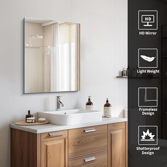 CILIBER Frameless Mirror, 24x30 Inch Bathroom Mirror for Wall, Rectangle Bathroom Vanity Mirrors with Polished Edge, Hangs Horizontally or Vertically for Bathroom, Bedroom and Living Room
