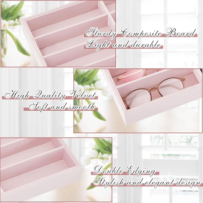 Amylove 2 Pcs Sunglass Organizer Trays Glasses Stackable Jewelry Trays Sunglass Organizer Display Box(8 Grids,Pink)