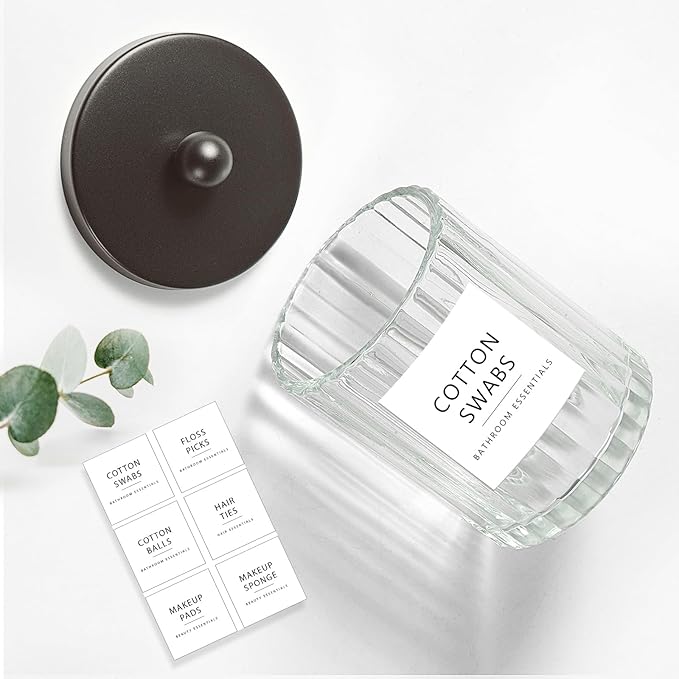 Amolliar Apothecary Jars Bathroom Vanity Storage Organizer Set, Countertop Canister with Stainless Steel Lid & Cute Stickers, Qtip Holder Dispenser for Cotton Swabs, Balls, Makeup Pads(Bronze, 4 Pack)